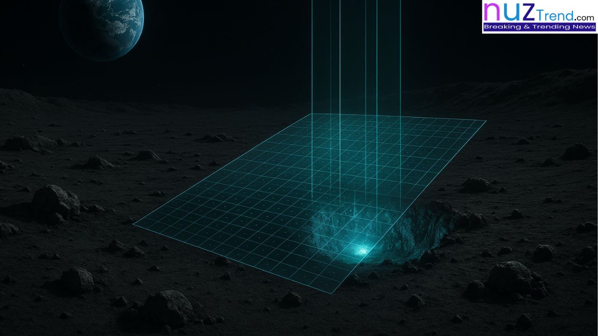 Lunar surface scan revealing a glowing anomaly beneath a crater with Earth in the background