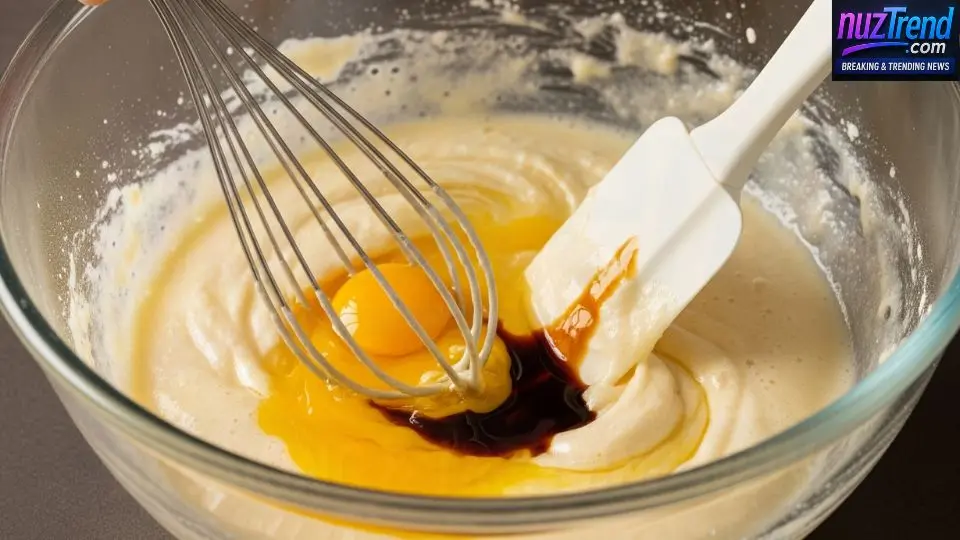 Adding eggs and vanilla to the bowl