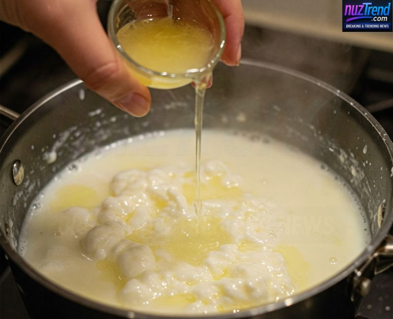 Adding lemon juice to curdle milk for homemade paneer