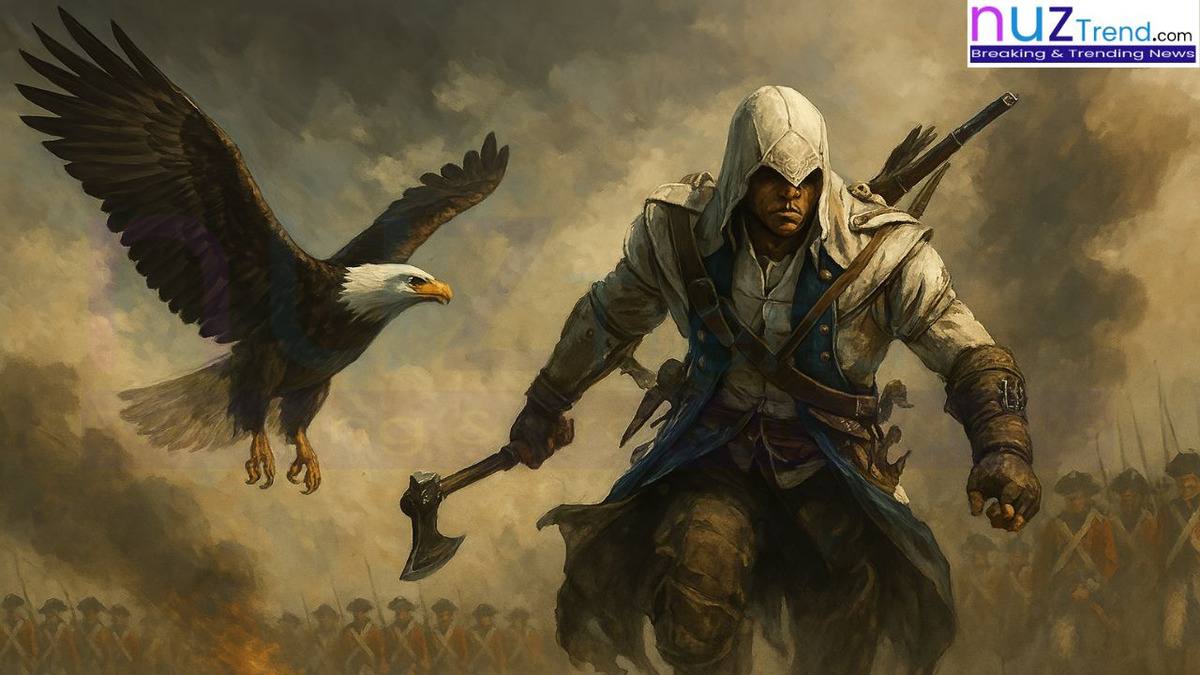 Connor from Assassin’s Creed 3 charging with a bald eagle during the revolution