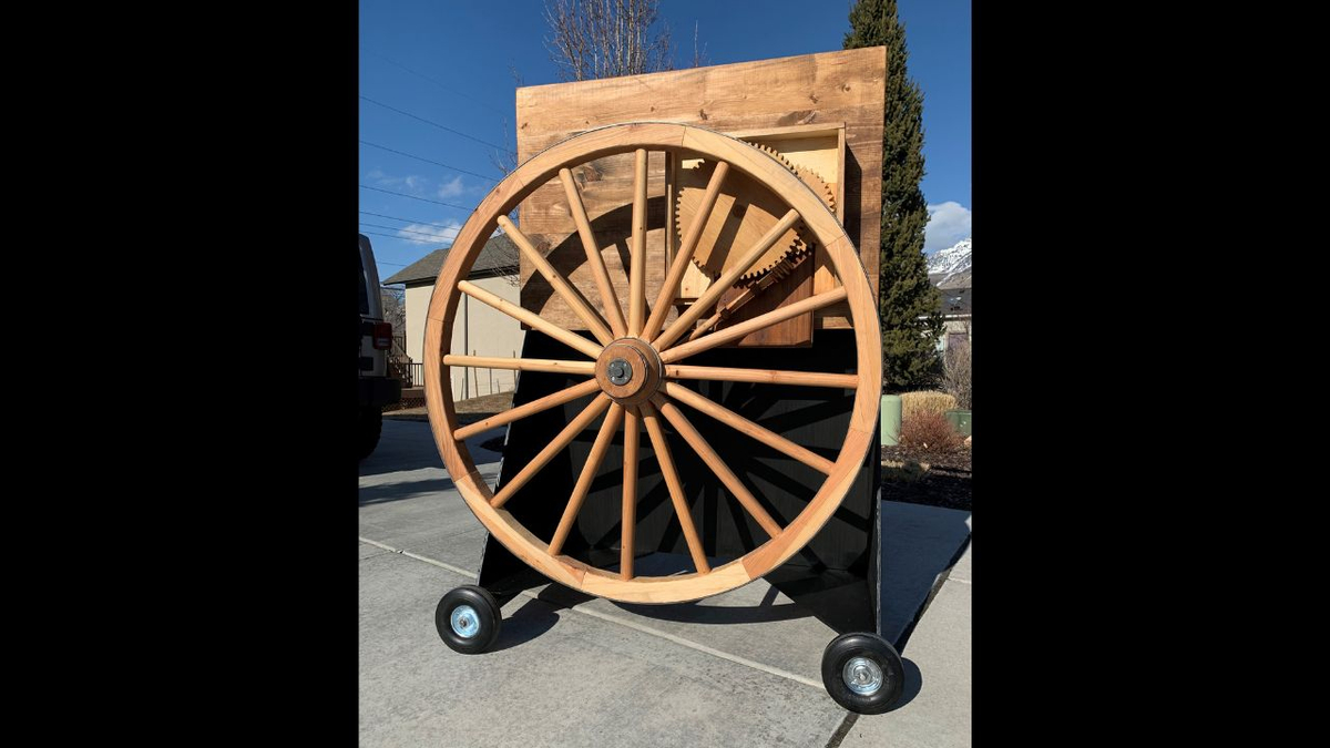 Replica of the 1847 roadometer at the Provo Pioneer Village. Jeffrey Niven created this replica with hand tools. He referenced the machine-cut replica created by Joey Jacobson, which used Larry Howell's calculations of the dimensions. Those calculations came from historical sources.