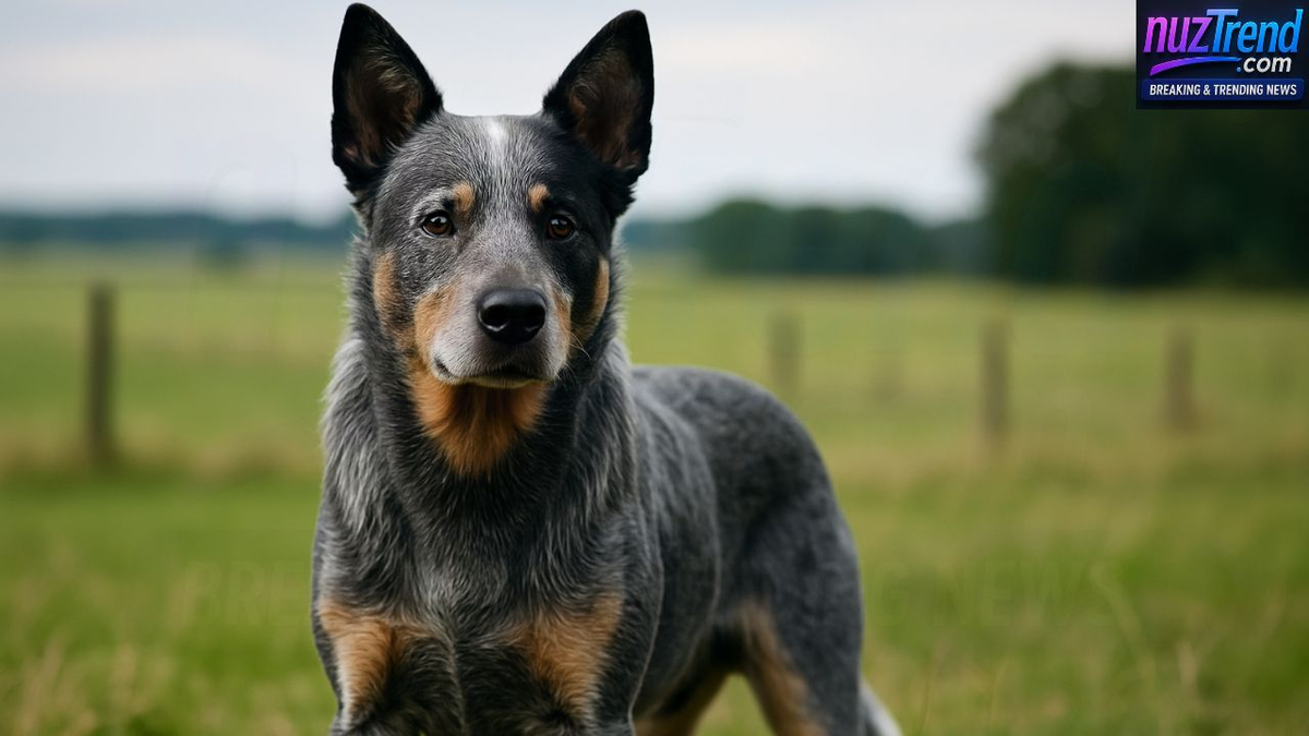 Australian cattle dog in open farmland representing Bluey, the oldest dog