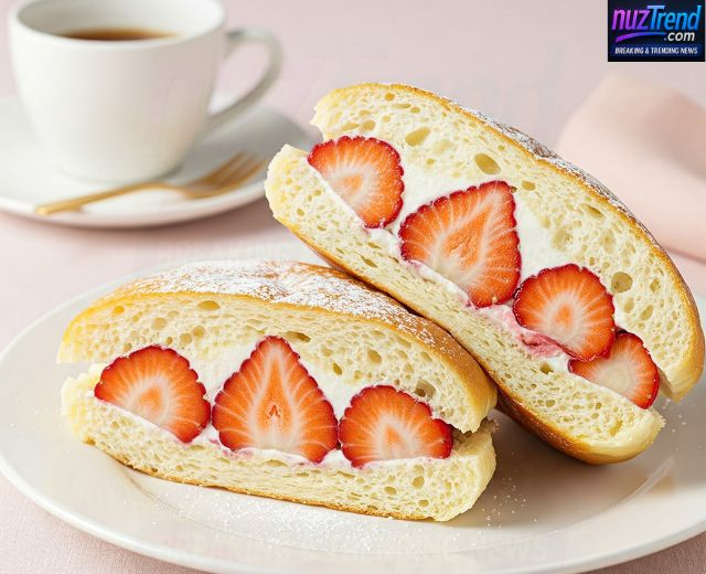 Cutting strawberry fruit sando to reveal cross-section