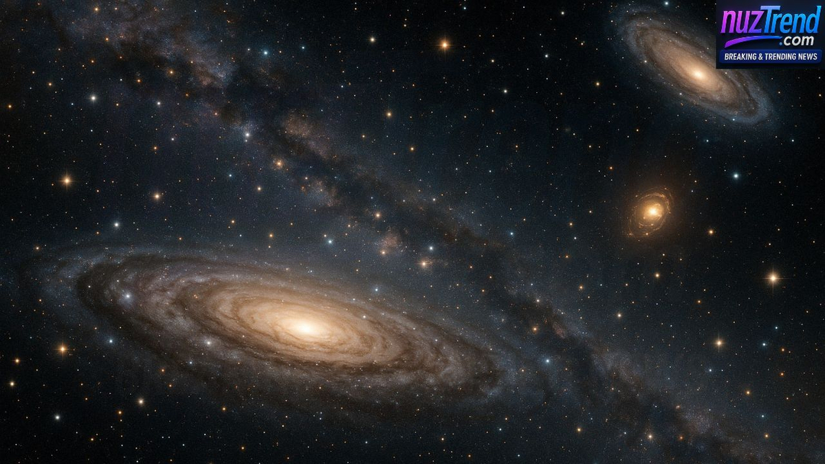 Hyper-realistic view of galaxies, gravitational lensing, and cosmic background radiation showing indirect evidence of dark matter