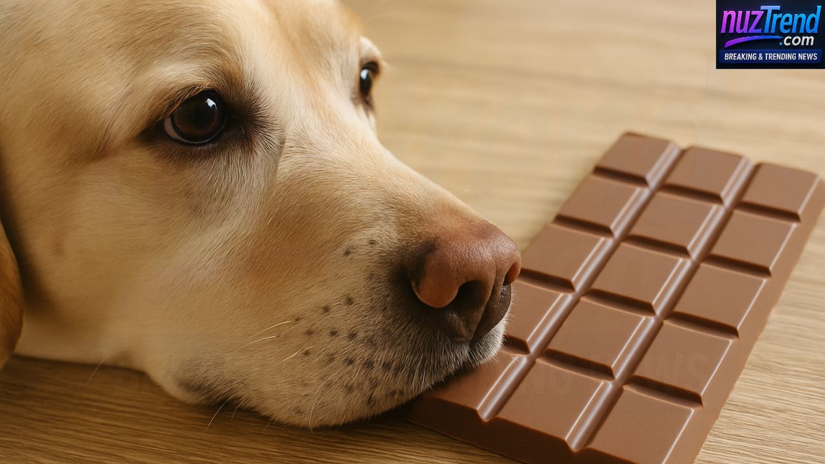 Labrador near spilled chocolate on the floor, highlighting risk to dogs