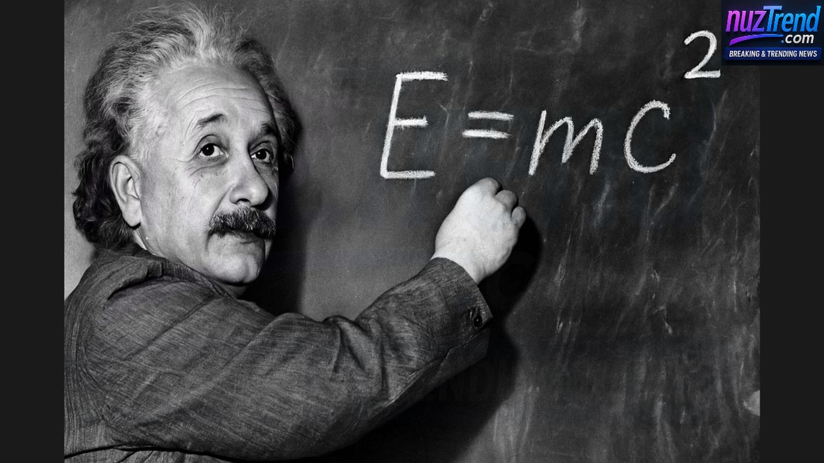Albert Einstein writing E=mc² on a blackboard in a historic classroom scene