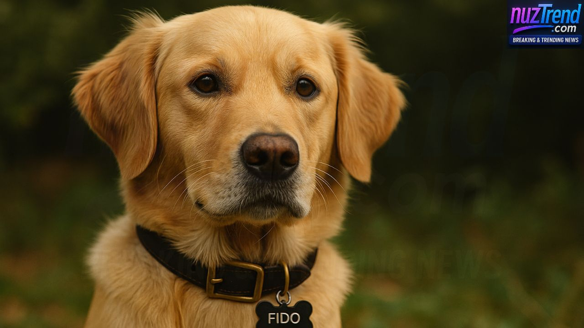Golden retriever with Fido tag in natural background