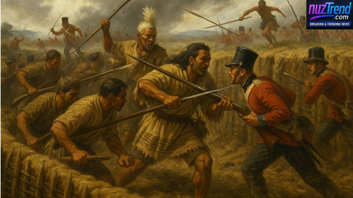 Māori warriors using trench defense strategy against British soldiers at Gate Pā in 1864