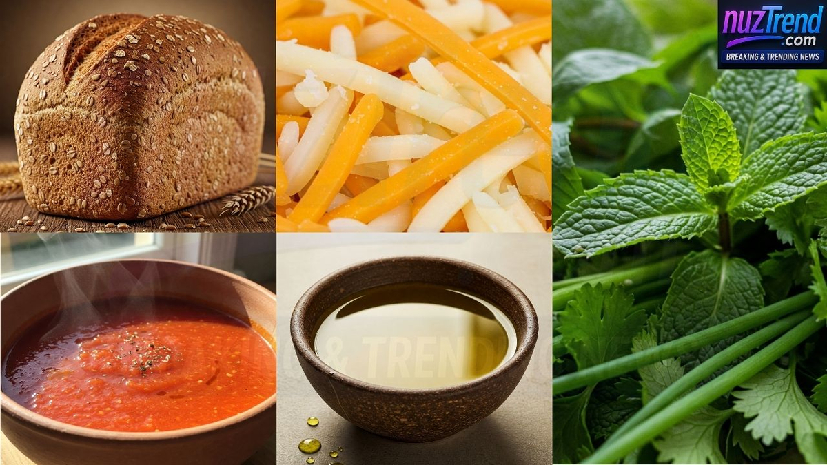 Ingredients for healthy tomato soup and grilled cheese casserole
