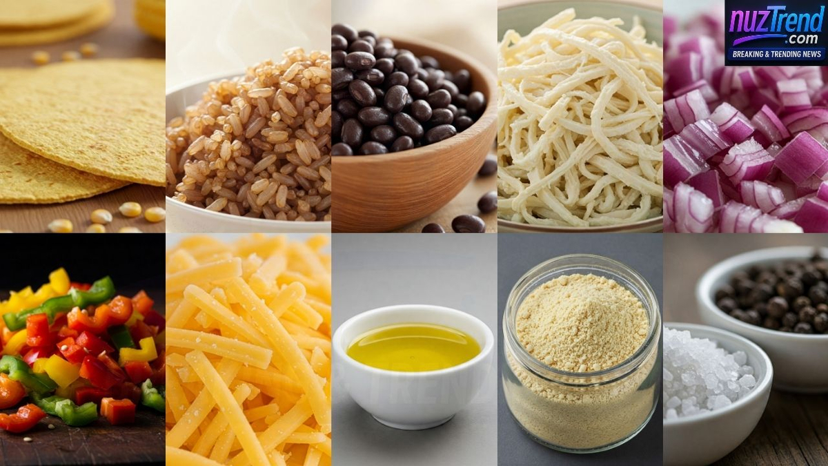 Ingredients for a healthy homemade grilled cheese burrito including tortillas, beans, veggies, cheese, and spices