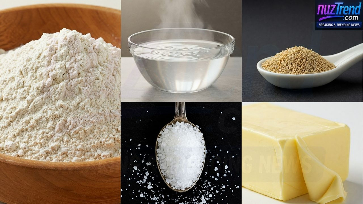 Simple ingredients for homemade bread including flour, yeast, butter, salt, and water