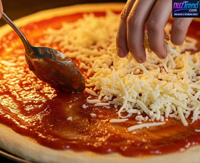 Spreading pizza sauce and shredded mozzarella on crust