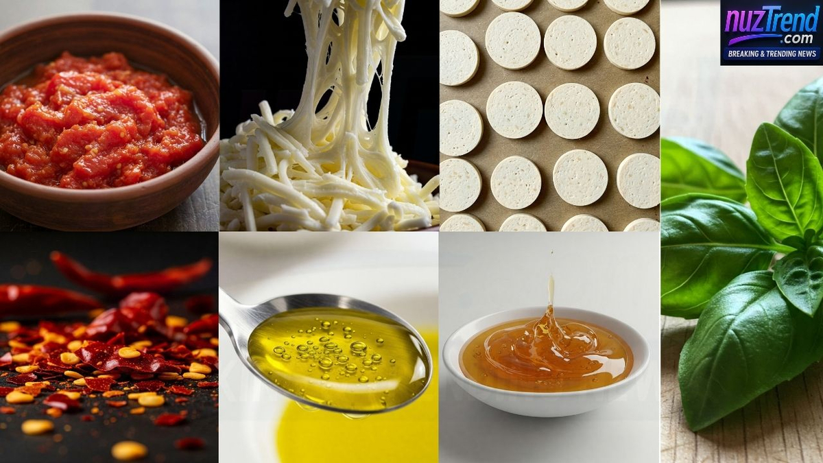Hot honey pepperoni pizza ingredients including crust, cheese, sauce, pepperoni, and honey