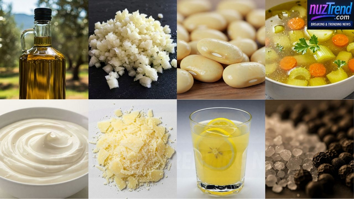 All ingredients for creamy garlic-Parmesan butter beans recipe laid out on a table