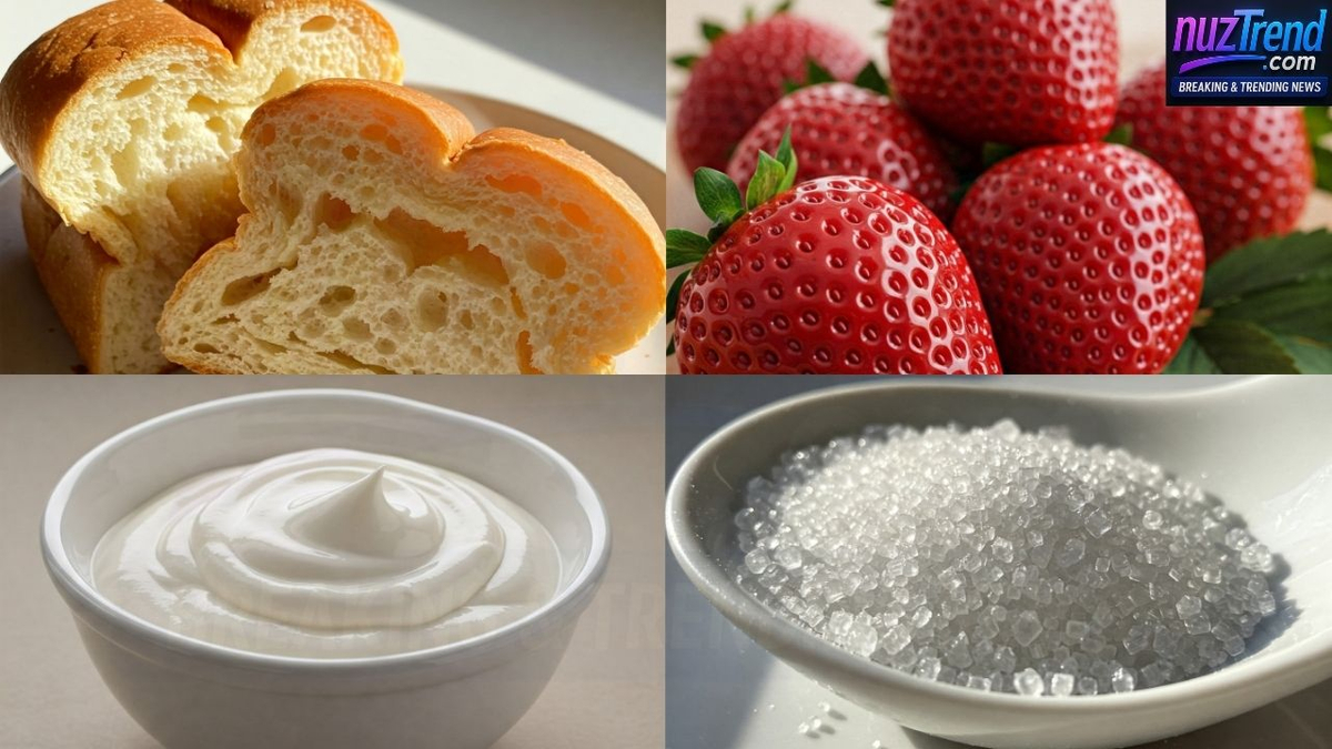 Ingredients for Japanese strawberry fruit sando including milk bread, strawberries, whipped cream, and sugar