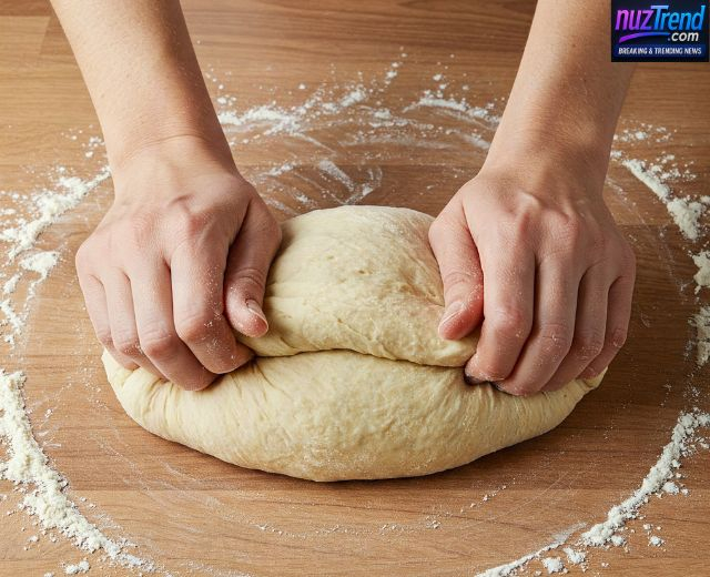 Kneading whole wheat dough by hand on floured surface