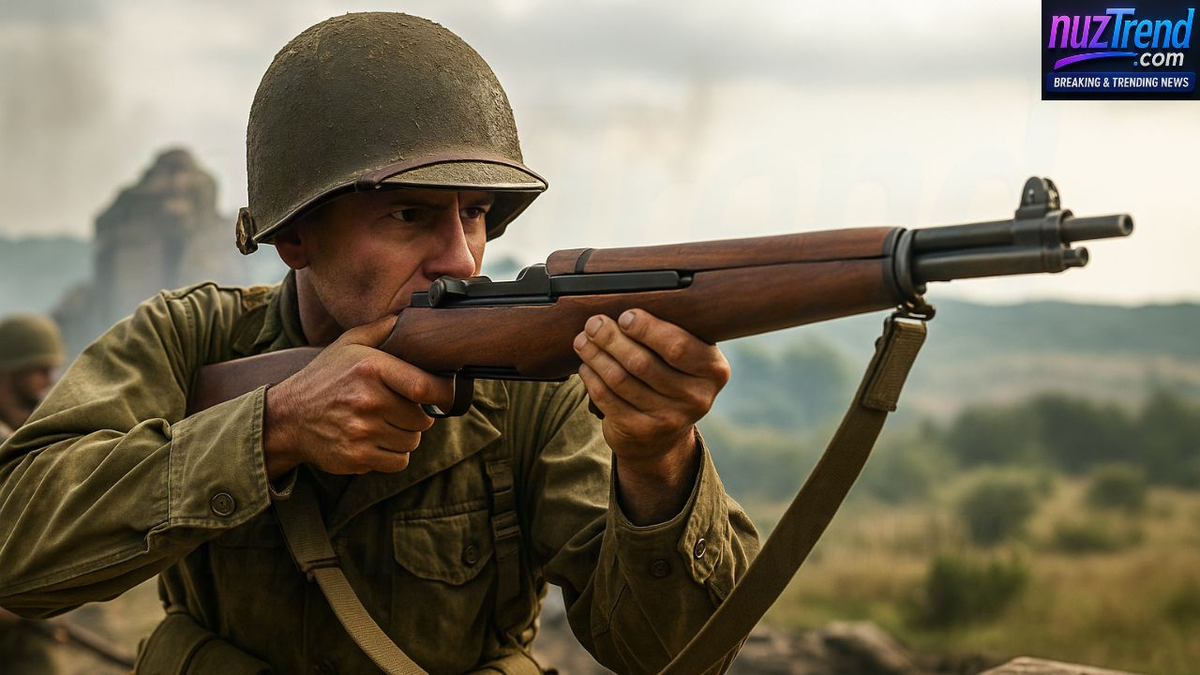 World War II U.S. soldier aiming M1 Garand rifle in battlefield setting