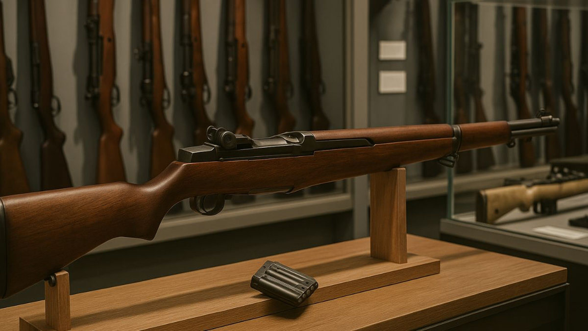M1 Garand rifle on display in a military gun museum with other rifles in the background