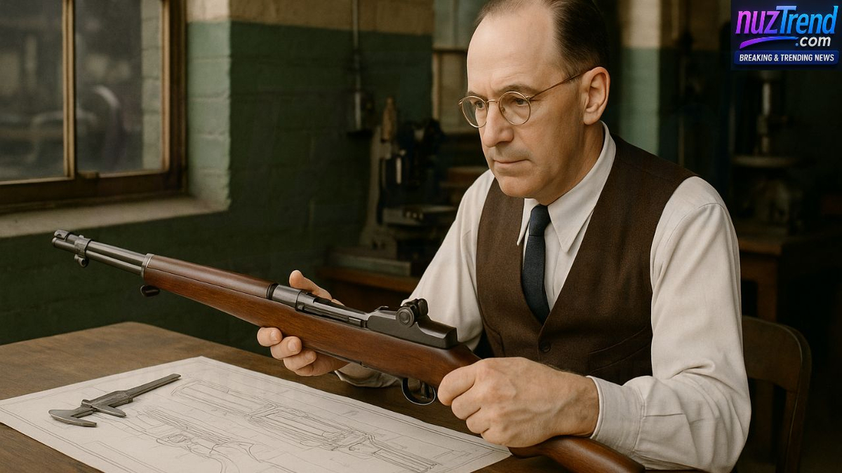 John C. Garand working on the M1 Garand rifle design at Springfield Armory