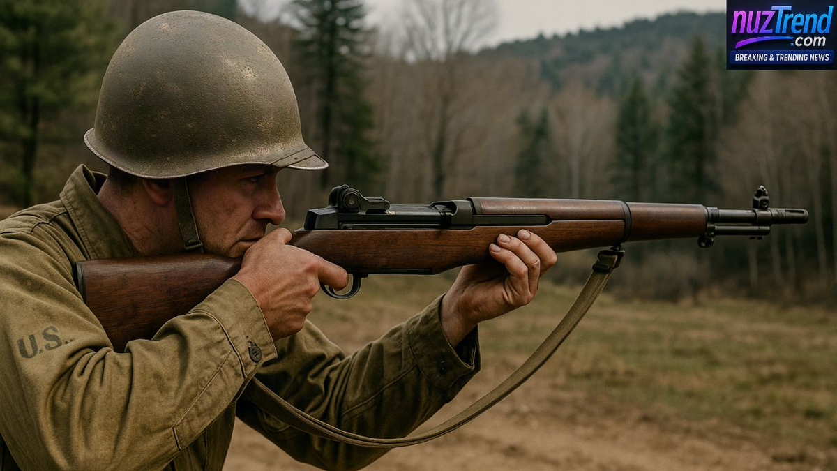 World War II soldier aiming the M1 Garand rifle in rugged terrain