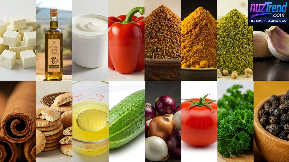 Ingredients for paneer shawarma wraps including paneer, spices, and vegetables