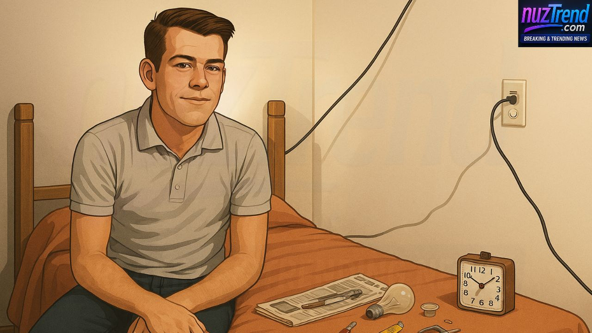 Realistic illustration of Randy Gardner during sleep deprivation study with tools and alarm clock on bed