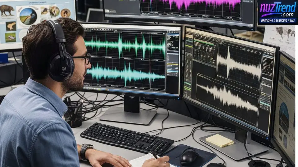 Researcher studying animal sound waves and spectrograms on computer screens