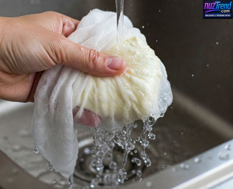 Rinsing and pressing homemade paneer curds under weight