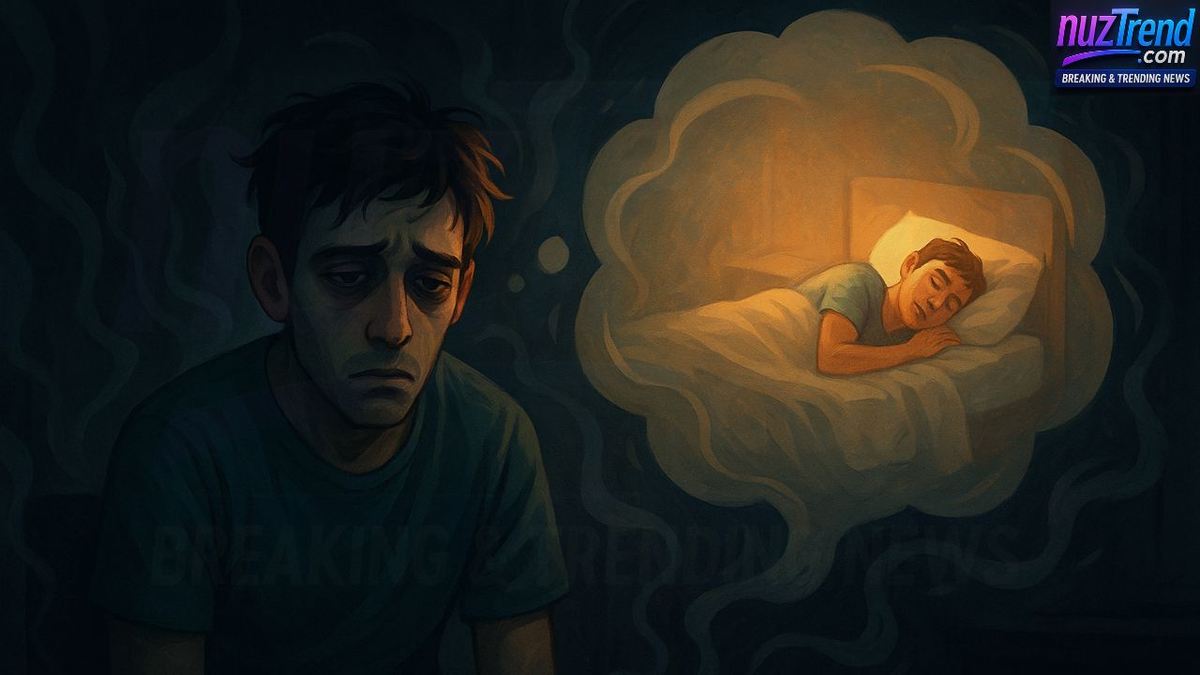 Illustration of a fatigued man hallucinating a peaceful sleep due to extreme sleep deprivation
