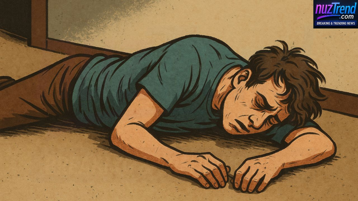 Illustration of a man unconscious on the floor due to extreme sleep deprivation after 6–7 days
