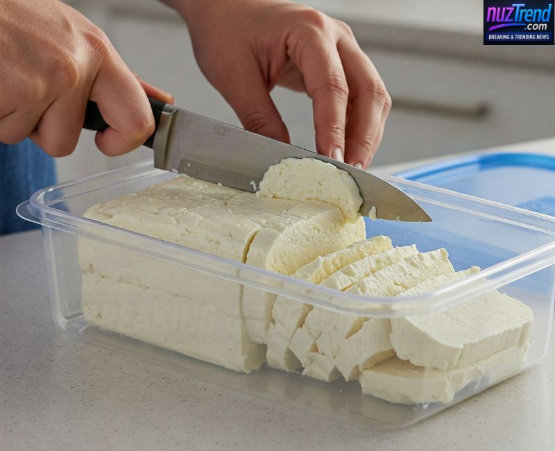 Slicing fresh homemade paneer into cubes for storage