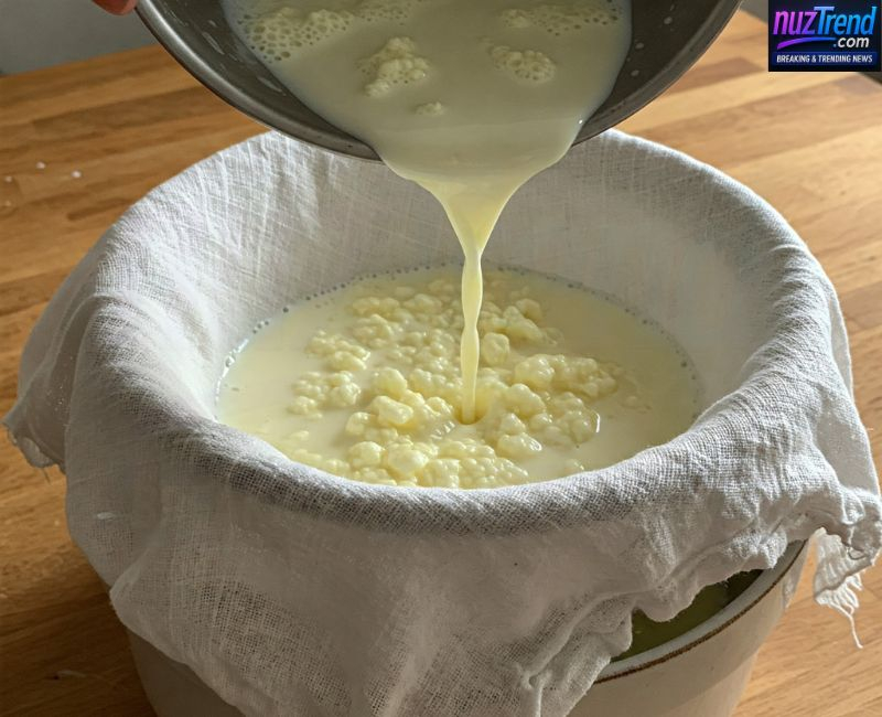 Straining curdled milk using muslin cloth to make paneer