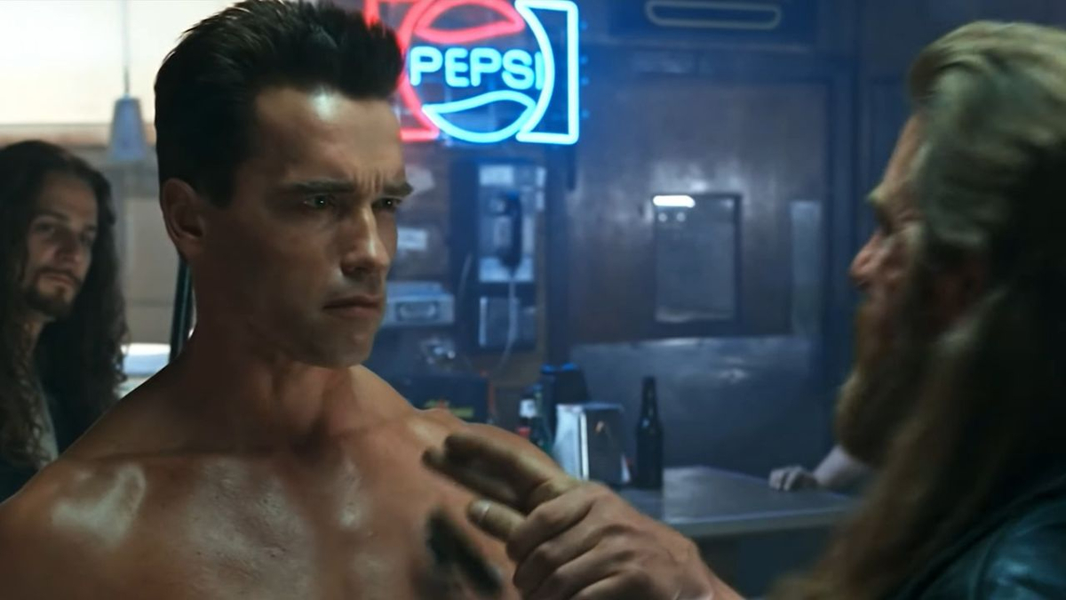 T-800 entering biker bar in Terminator 2 opening scene