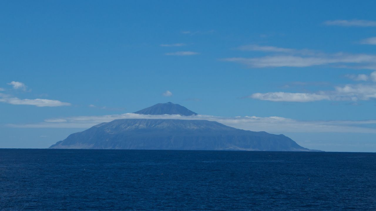 Aerial view of Tristan da Cunha, the world’s most remote inhabited island, surrounded by the South Atlantic Ocean