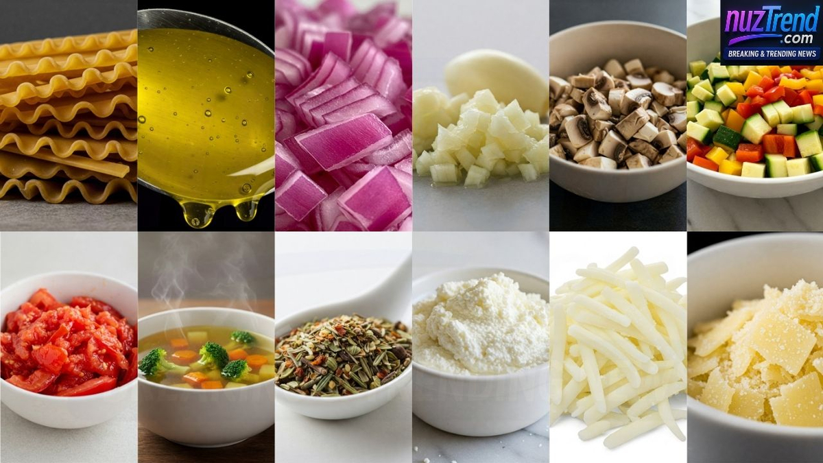 Flat lay of fresh ingredients for vegetarian lasagna soup including noodles, tomato, garlic, onion, cheese, and herbs