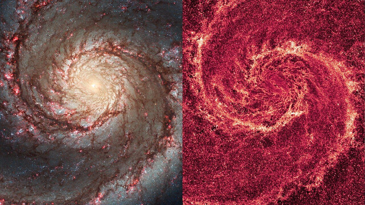The image of the Whirlpool Galaxy in visible light (left) and infrared light (right)
