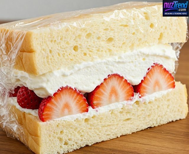 Wrapping strawberry fruit sando in plastic wrap to chill
