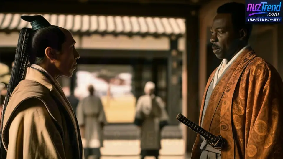 Illustration of Yasuke’s arrival in Japan and meeting Oda Nobunaga